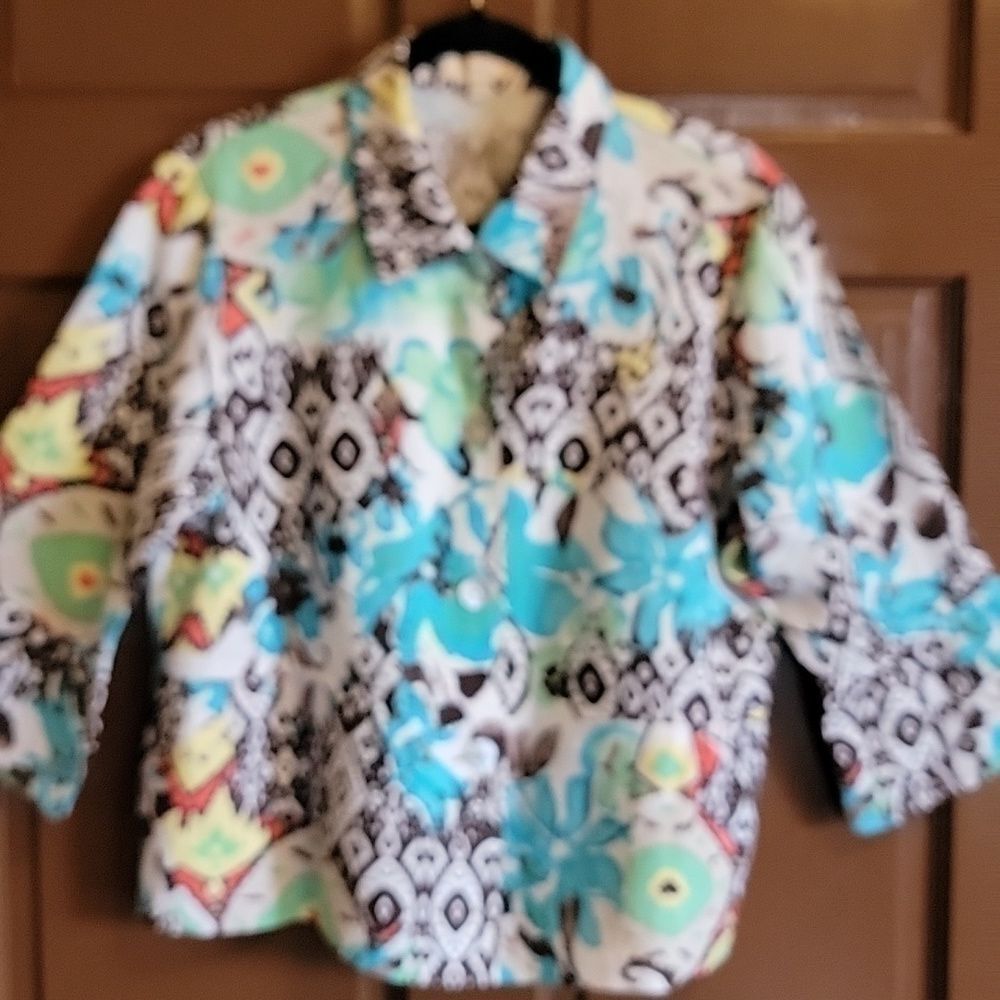 Choices-Linen aqua, yellow, green,brown 3/4 sleeved,collared top PL.